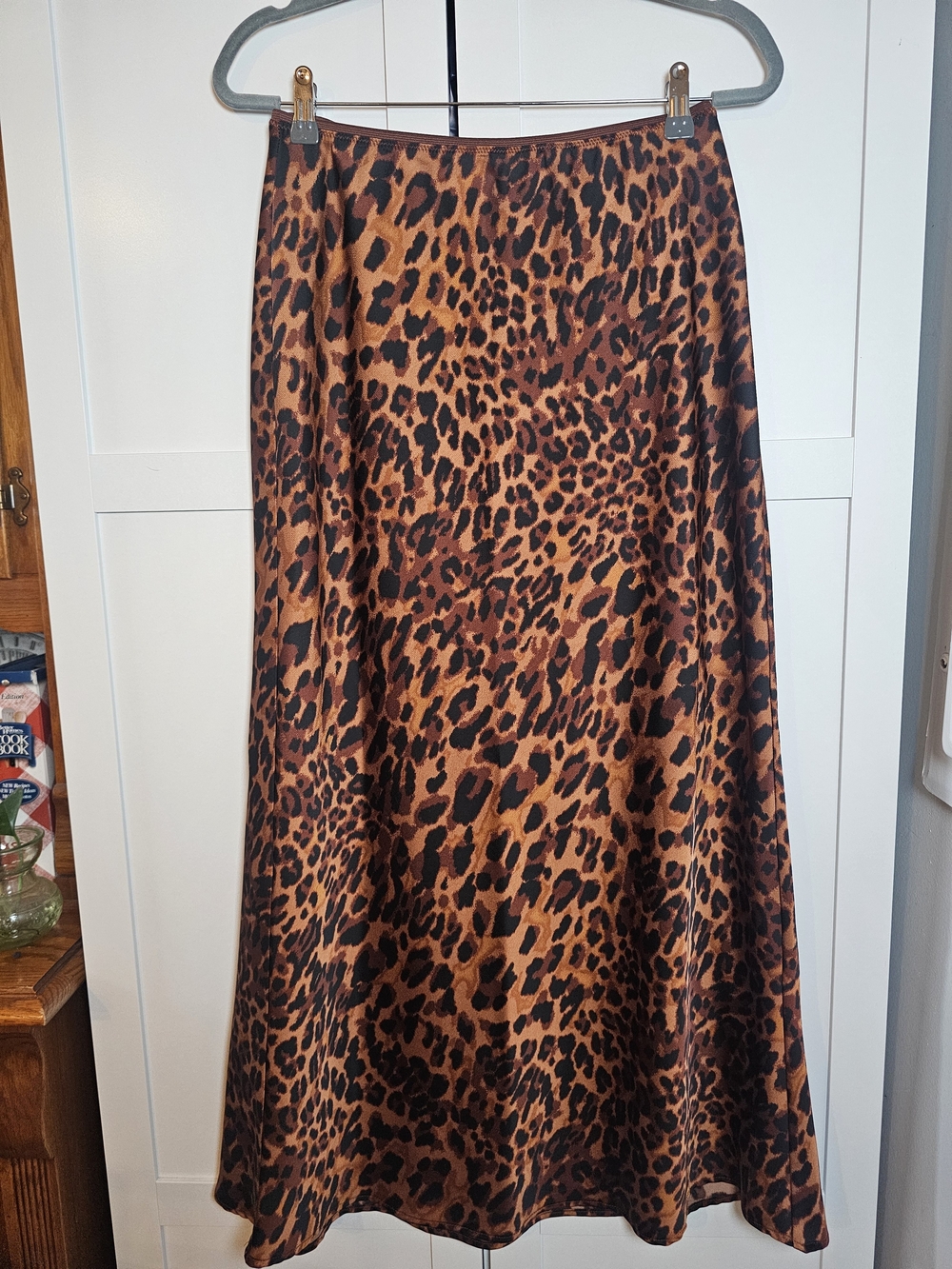 A New Day Leopard Print Maxi Slip Skirt Satin Elastic Waist Size M Brown Black